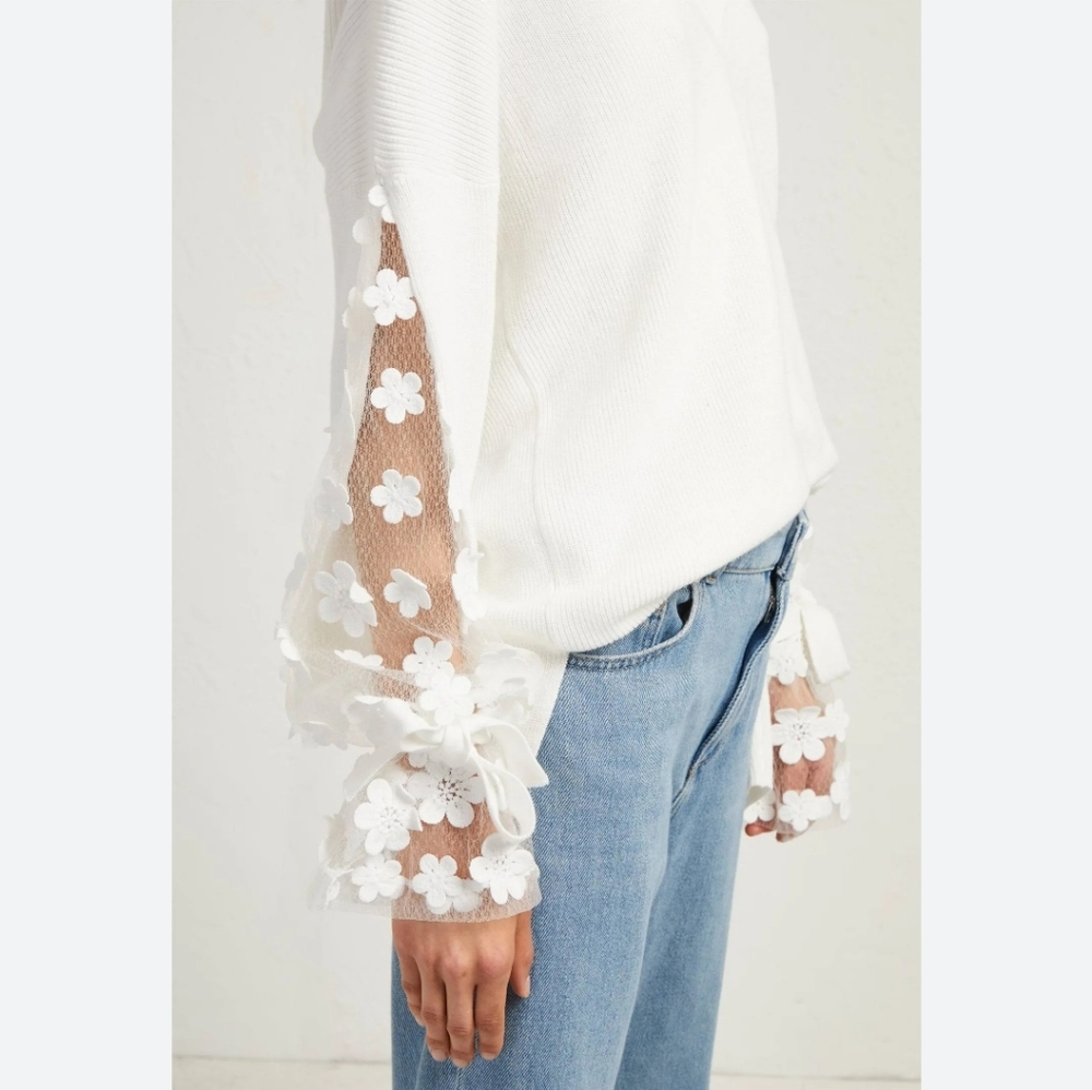 FRENCH CONNECTION Caballo Floral-Lace Sleeve Sweater ~ L - Picture 5 of 12